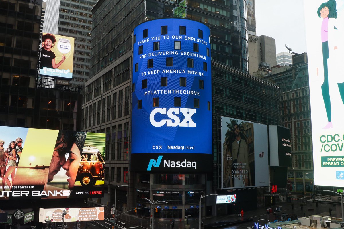 CSX's tweet photo. Thank you @Nasdaq for the chance to give #TeamCSX a shout-out in Times Square so we can let the world know that our railroaders are rising to this unprecedented occasion and remain committed to supporting our communities across the country. https://t.co/GsEGKkNjky
