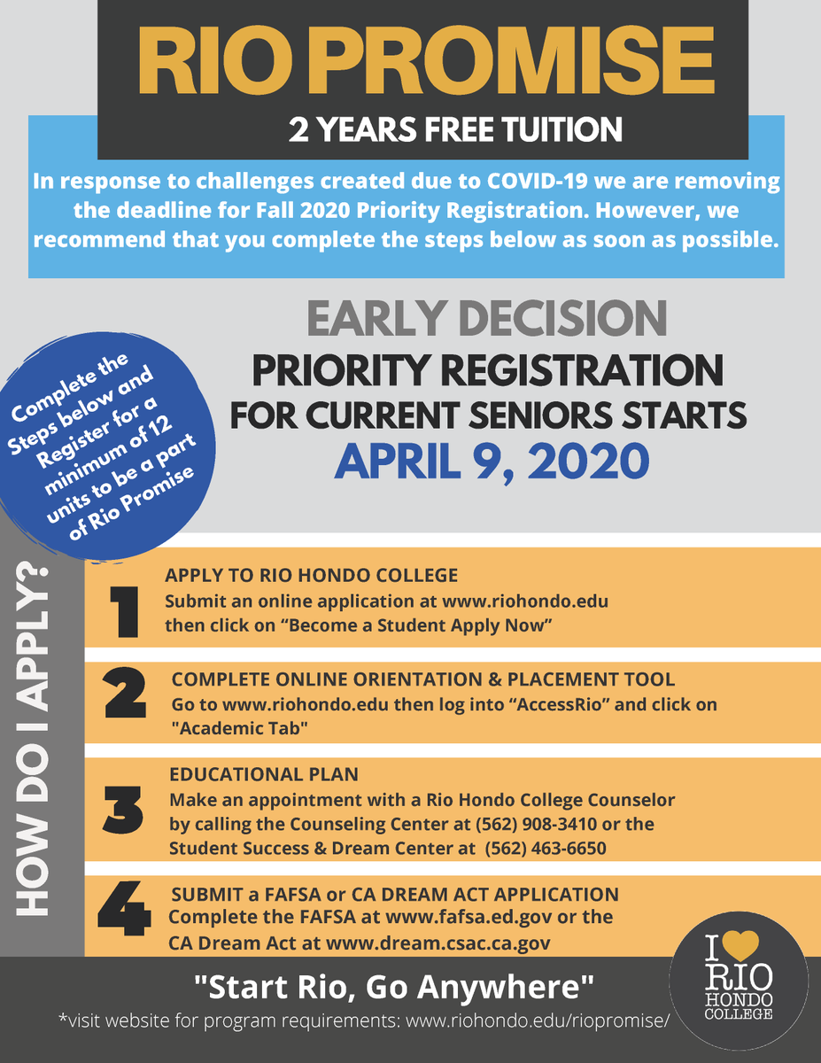 RioHondoCollege's tweet photo. In response to challenges created due to COVID-19, we are removing the deadline for Fall 2020 Priority Registration. See flyer for details. https://t.co/MdxszqbiFR