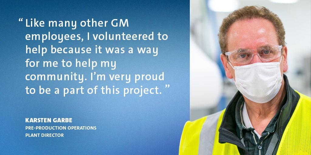 GM's tweet image. Our employee volunteers in Warren, MI, are hard at work producing critically needed face masks. Here are just a few of the reasons why they decided to step up to help. s.gm.com/tfad4