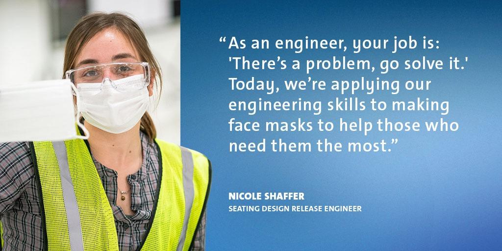 GM's tweet image. Our employee volunteers in Warren, MI, are hard at work producing critically needed face masks. Here are just a few of the reasons why they decided to step up to help. s.gm.com/tfad4