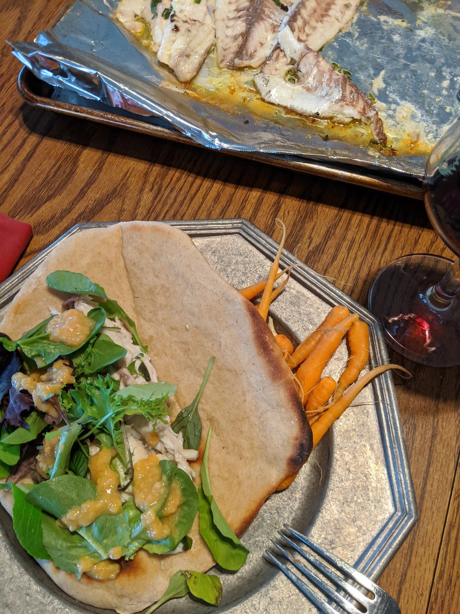 worstedskeins's tweet photo. NC fisheries are alive and well in this pandemic. We enjoyed #NCCatch black drum, Humble Roots lettuce, topped with carrot miso dressing (thanks to Humble Roots for the baby carrots) on homemade grilled flat breads. Keeping it healthy. #covidcooking https://t.co/blW7l3e1CU
