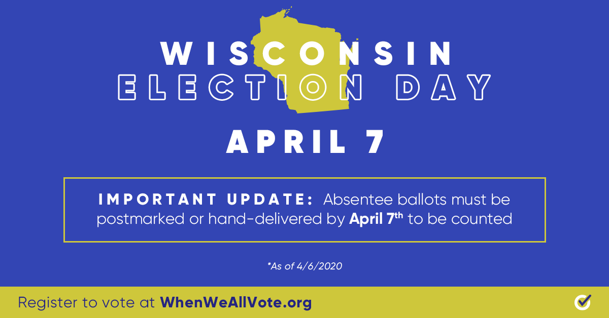 WhenWeAllVote's tweet image. WISCONSIN: In order for your absentee ballot to be counted, it must be turned in to your polling place or municipal clerk's office or postmarked by today. For more information, visit → myvote.wi.gov