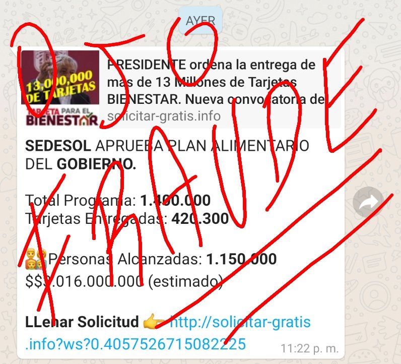 El <a href="/GobiernoMX/">Gobierno de México</a>, hace un atento llamado a las y los mexicanos a no hacer caso a noticias falsas con las que se busca engañar o defraudar a la población.
Aquí link: bit.ly/2wmTaPr