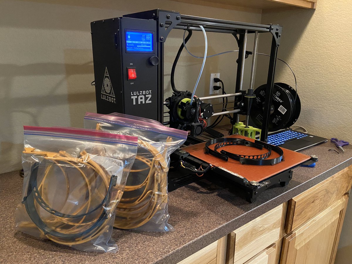 CUScienceDisco's tweet photo. This morning, we sent out a little black & gold to do some good in the world. So far, @Make4Covid has delivered 5,000+ face shields to CO hospitals & facilities. #PPE #DoOurPartCO @lulzbot3D #hackthepandemic https://t.co/tsZllPkRmv
