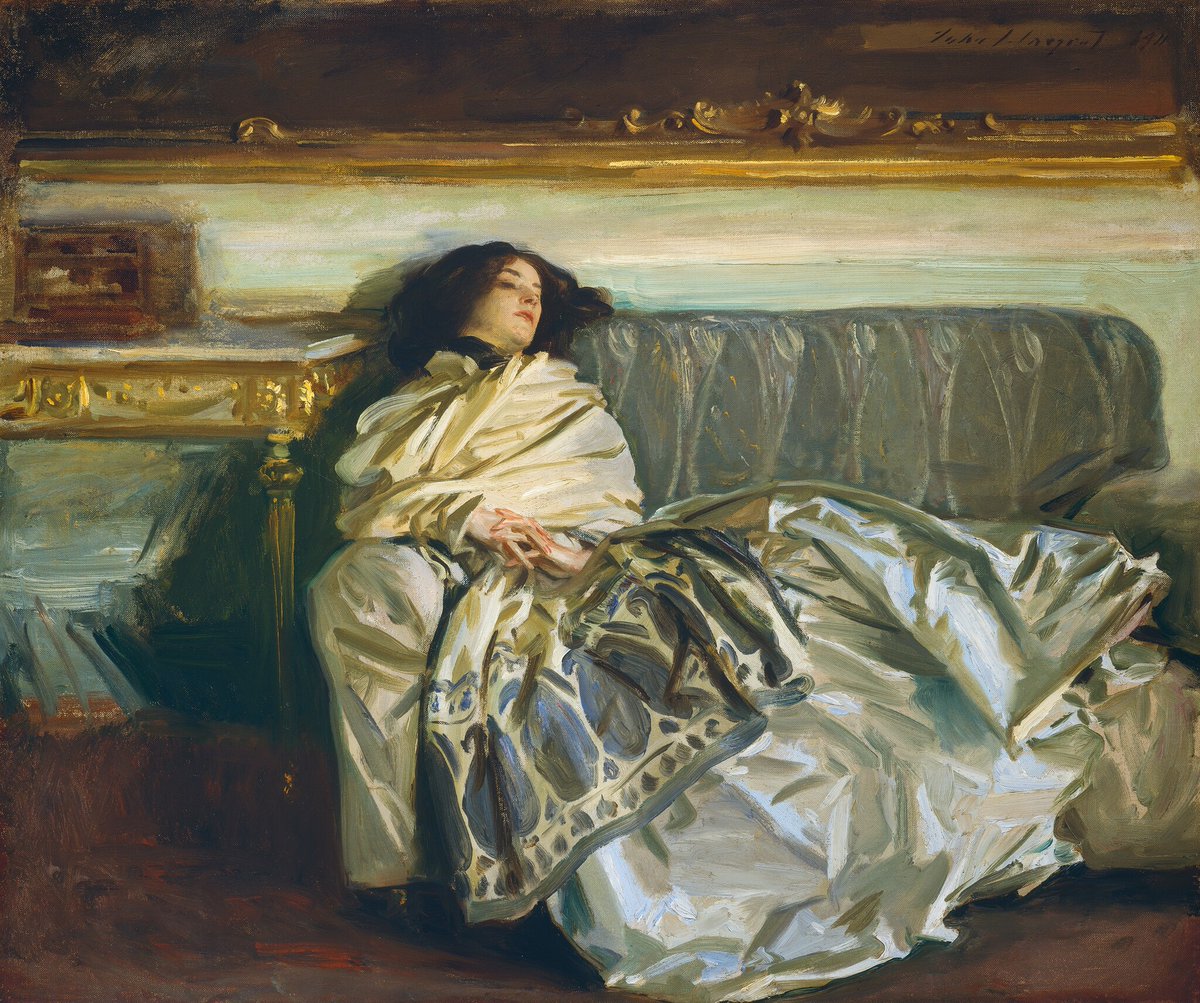 Sargent seems to have been documenting the end of an era, for the lingering aura of “fin–de–siècle” gentility and elegant indulgence conveyed in “Repose” would soon be shattered by massive political and social upheaval in the early 20th century.