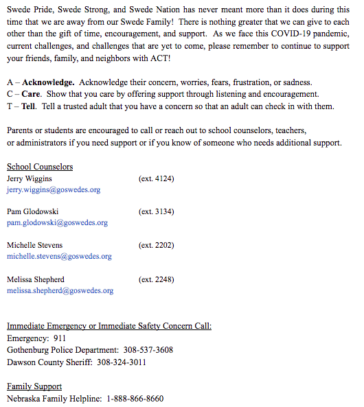 Here's a safety statement from the Gothenburg Public Schools counseling team, courtesy the district itself.