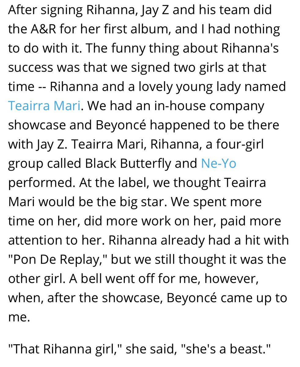 L.A. Reid published a memoir confirming that Def Jam initially neglected Rihanna in favor of Teairra.“We thought Teairra Mari would be the big star. We spent more time on her, did more work on her, paid more attention to her.” https://www.billboard.com/articles/news/magazine-feature/6836012/la-reid-on-meeting-rihanna-for-first-time-jay-z-beyonce