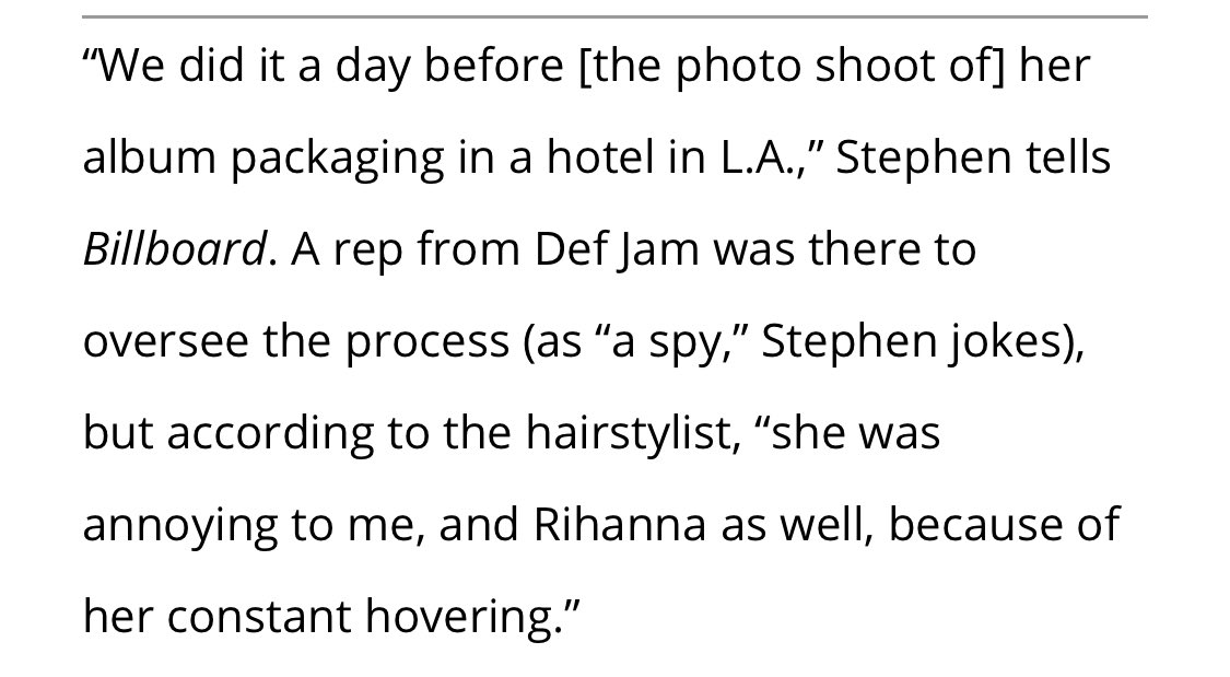 Ursula Stephens; Rihanna’s hairstylist talks to  @billboard about that game-changing bob:“RiRi knew that she wanted a sharp contrast from her familiar chestnut locks -- a look that received too many comparisons to her other R&B compatriots.“ https://www.billboard.com/amp/articles/news/lifestyle/7816586/rihanna-good-girl-gone-bad-haircut-bob-hairstylist-interview