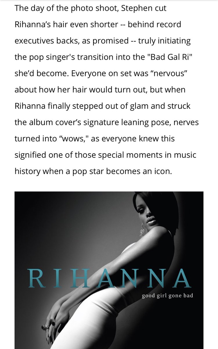 Ursula Stephens; Rihanna’s hairstylist talks to  @billboard about that game-changing bob:“RiRi knew that she wanted a sharp contrast from her familiar chestnut locks -- a look that received too many comparisons to her other R&B compatriots.“ https://www.billboard.com/amp/articles/news/lifestyle/7816586/rihanna-good-girl-gone-bad-haircut-bob-hairstylist-interview