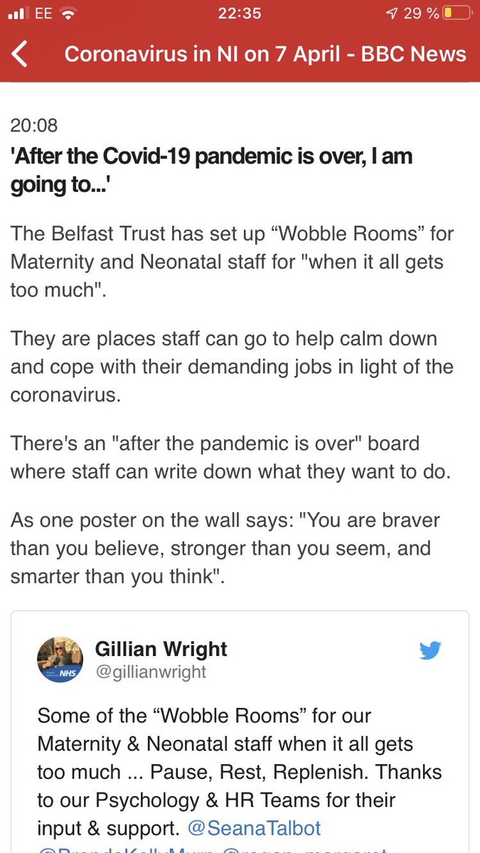 Well we’ve made the <a href="/BBCNewsNI/">BBC News NI</a> newsfeed! Well done to <a href="/gillianwright/">Gillian Wright</a> has worked so hard to set up our wobble rooms with support from our wonderful clinical psychology &amp; HR teams. 

Our <a href="/BelfastTrust/">Belfast Trust</a> maternity &amp; neonatal team is amazing, and we need to look after them!