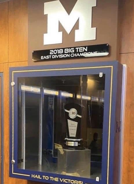 PickSixPreviews's tweet photo. Not photoshop — Michigan actually built a shrine for their 2018 “co” East Division title

Gave up 62 points and lost for the 7th straight time to Ohio State.

Have beaten Ohio State once over the last 16 years (lifetime of current recruits) https://t.co/0HqF9kAjBs