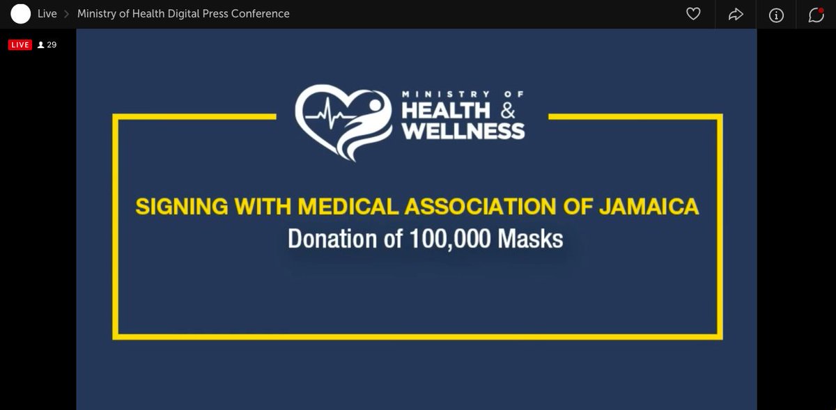 N-95 Donation - 100,000 N-95 masks are being donated to the Medical Association of Jamaica to outfit our private practitioners, who we need to keep their doors open, as part of the national COVI-19 national response efforts.An MOU was signed today during the Digital Briefing.