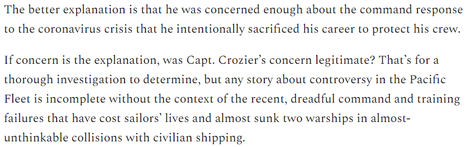 It seems more likely that he believed in good faith that he had to take extraordinary action to protect his crew, even if it cost him his career, and there is context to his concern: /3