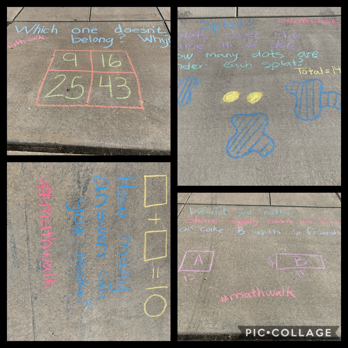 KatherineSchack's tweet photo. Had a little fun with math today! Thanks to my awesome neighbors for letting me write on their driveways, other neighbors in our subdivision will have some conversation pieces to enjoy went out walking! I challenge others to create some of your own! #mathwalk #WSDInfo https://t.co/lUq9r245ks