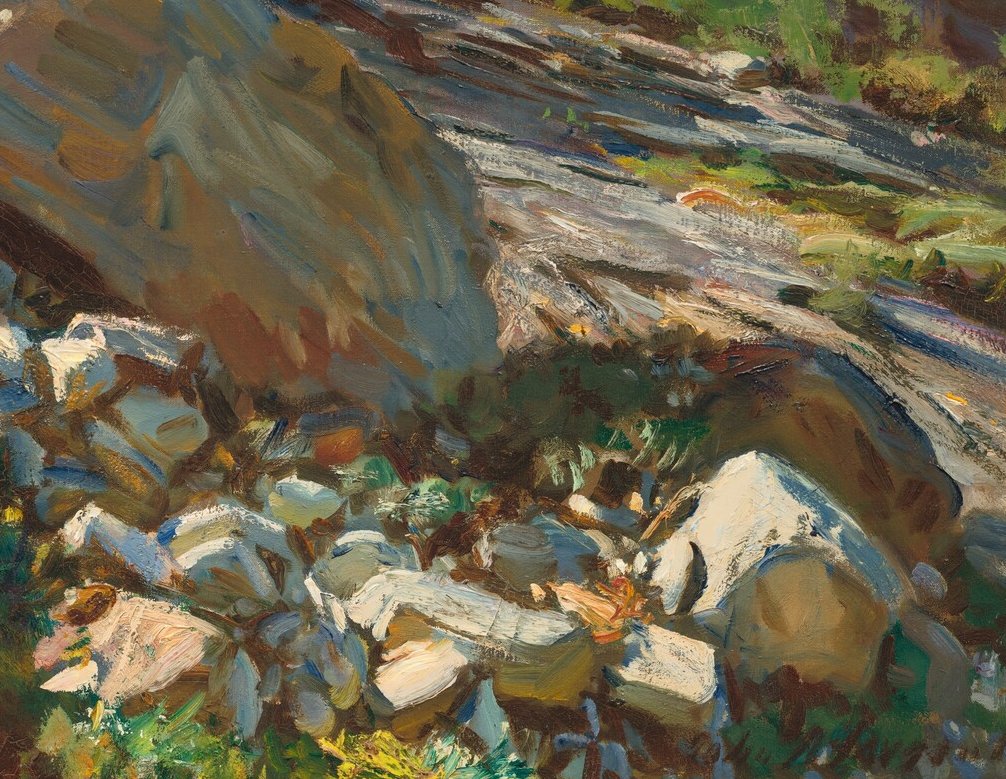 The seemingly infinite variety of brushwork that endowed Sargent's vibrant portraits also enlivens this landscape, describing the rushing stream at left, the colorful vegetation, and the dazzling sunlight sweeping across the foreground.