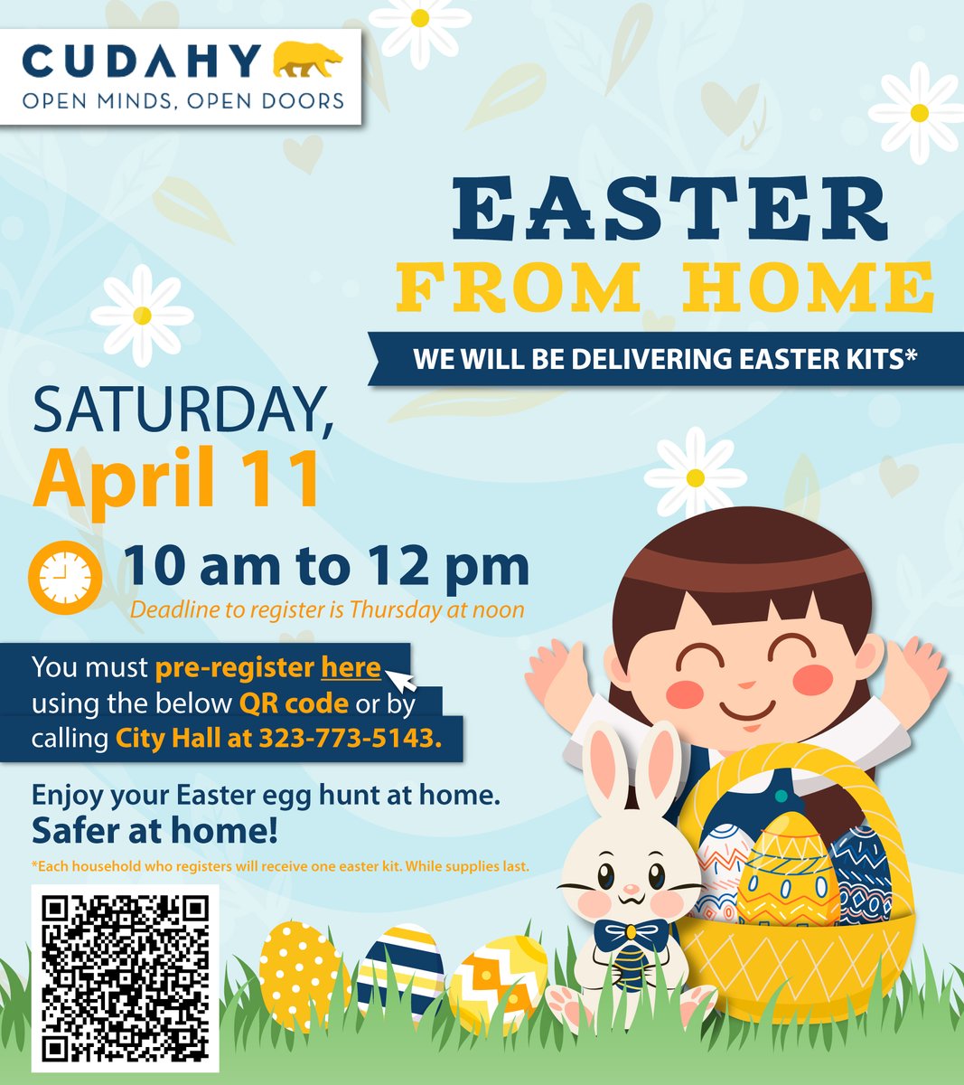 CityOfCudahyCA's tweet photo. Enjoy, EASTER AT HOME.
Pre-register at https://t.co/weL5EBVjKy, using QR Code below or calling 323-773-5143 before Thursday at noon!
#cudahyca #southeastla #easterkit #saferathome #easterathome
@lizfromsela @Jrgvice @Rendon63rd https://t.co/TpkpGpNNAY