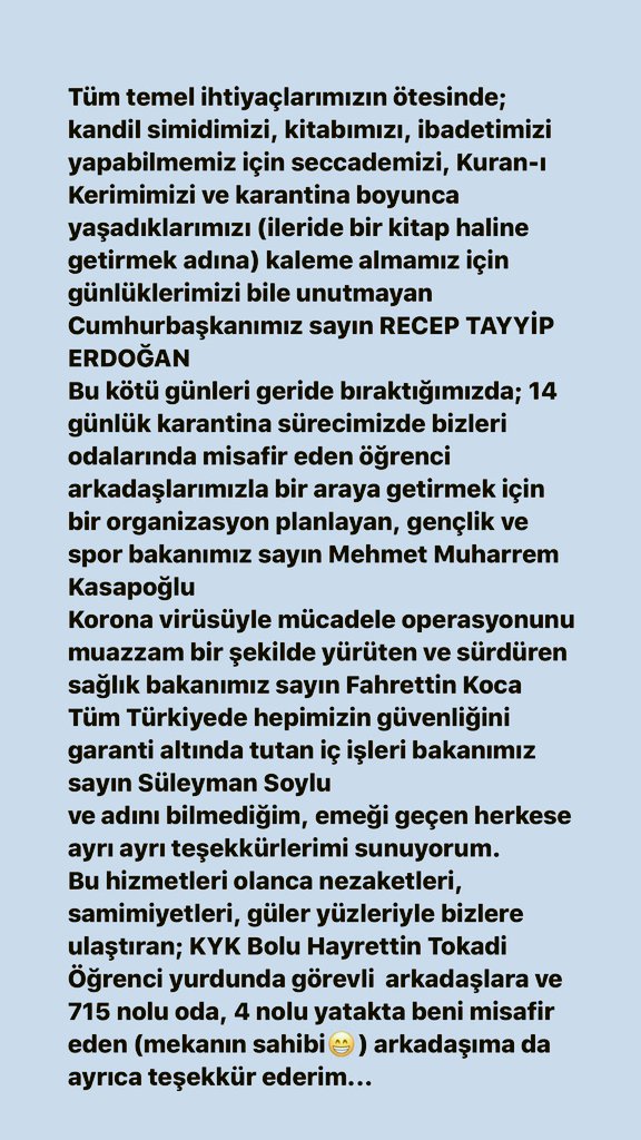 Bolu Hayreddin Tokadi KYK yurdunda karantina'da 13.günüm
Türk vatandaşı olmanın ayrıcalığını hergün ayrı bir güzellik'le bizlere hissettiren LİDERİMİZ <a href="/RTErdogan/">Recep Tayyip Erdoğan</a> <a href="/drfahrettinkoca/">Dr. Fahrettin Koca</a> <a href="/suleymansoylu/">Süleyman Soylu</a> <a href="/kasapoglu/">Dr. Mehmet Kasapoğlu</a> <a href="/Emrah65760625/">Emrah</a> <a href="/ErefYIL08414928/">Eşref YILMAZ</a> Dualarımız sizinle #ÇünküOBeklenenLider