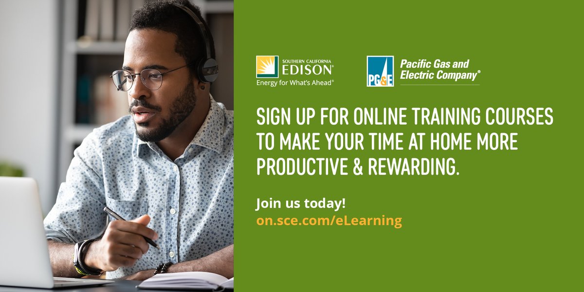 SCE_Business's tweet image. Looking for new opportunities to educate yourself while at home? @SCE and @PGE4Me are offering free online training courses to help you make better energy decisions for your home or business. on.sce.com/eLearning #freeonlineclasses