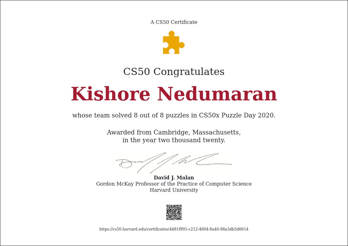 kishorenedumara's tweet photo. yayy!! 🥳🎉

@cs50 @davidjmalan @brianyu28 @AyushSharma2704 

#cs50puzzleday #cs50puzzleday2020 https://t.co/WI5UiGYnIr