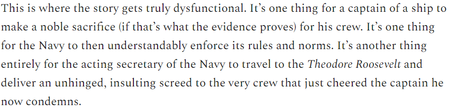 But just as Capt. Crozier burned down his career, so did Acting Secretary Modly, but it's hard to see the honor in Modly's actions. /6