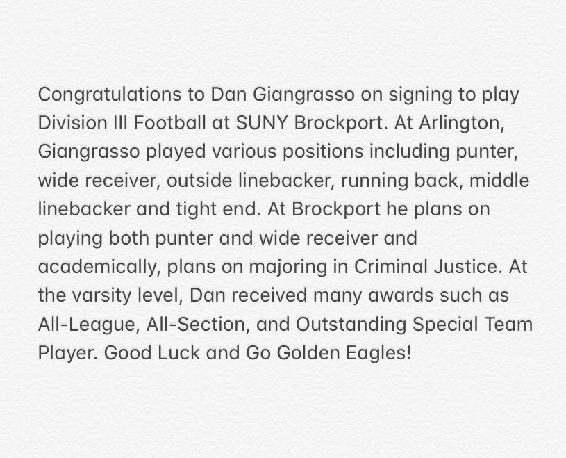 Congratulations to Dan Giangrasso on signing to SUNY Brockport  to play Division III Football!🏈