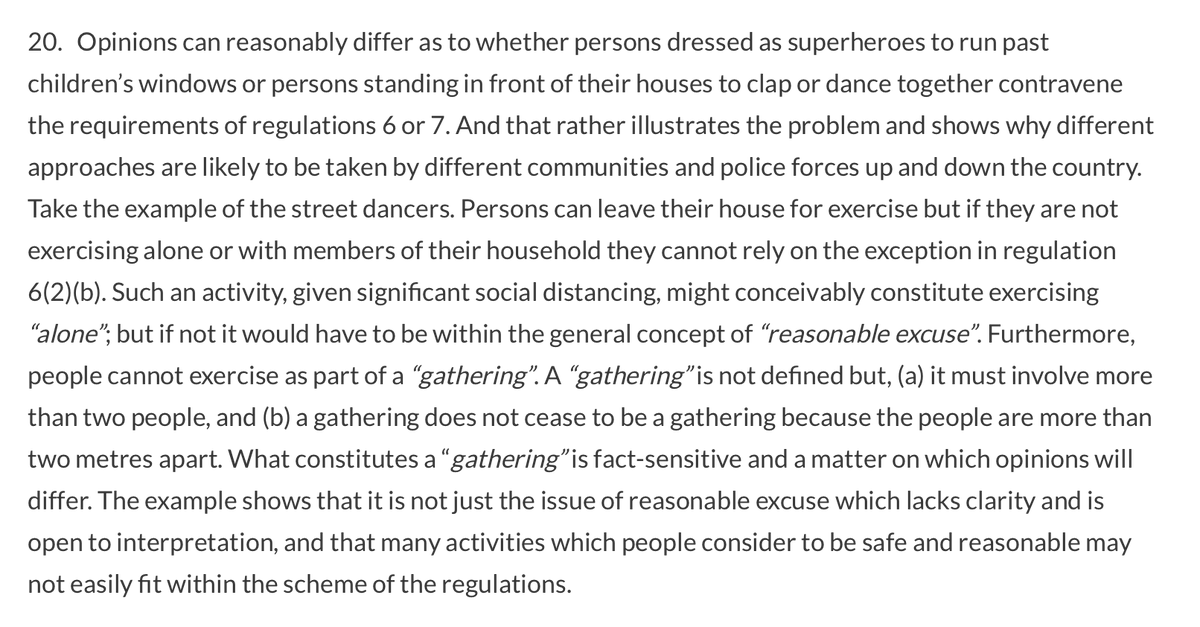 Some interesting points on meaning of the Regulations and the ongoing debate on whether they are 'ultra vires' which means they go beyond the powers granted by the law they were made under (the Public Health Act 1984). The authors are concerned they do  https://coronavirus.blackstonechambers.com/coronavirus-and-civil-liberties-uk/ /93