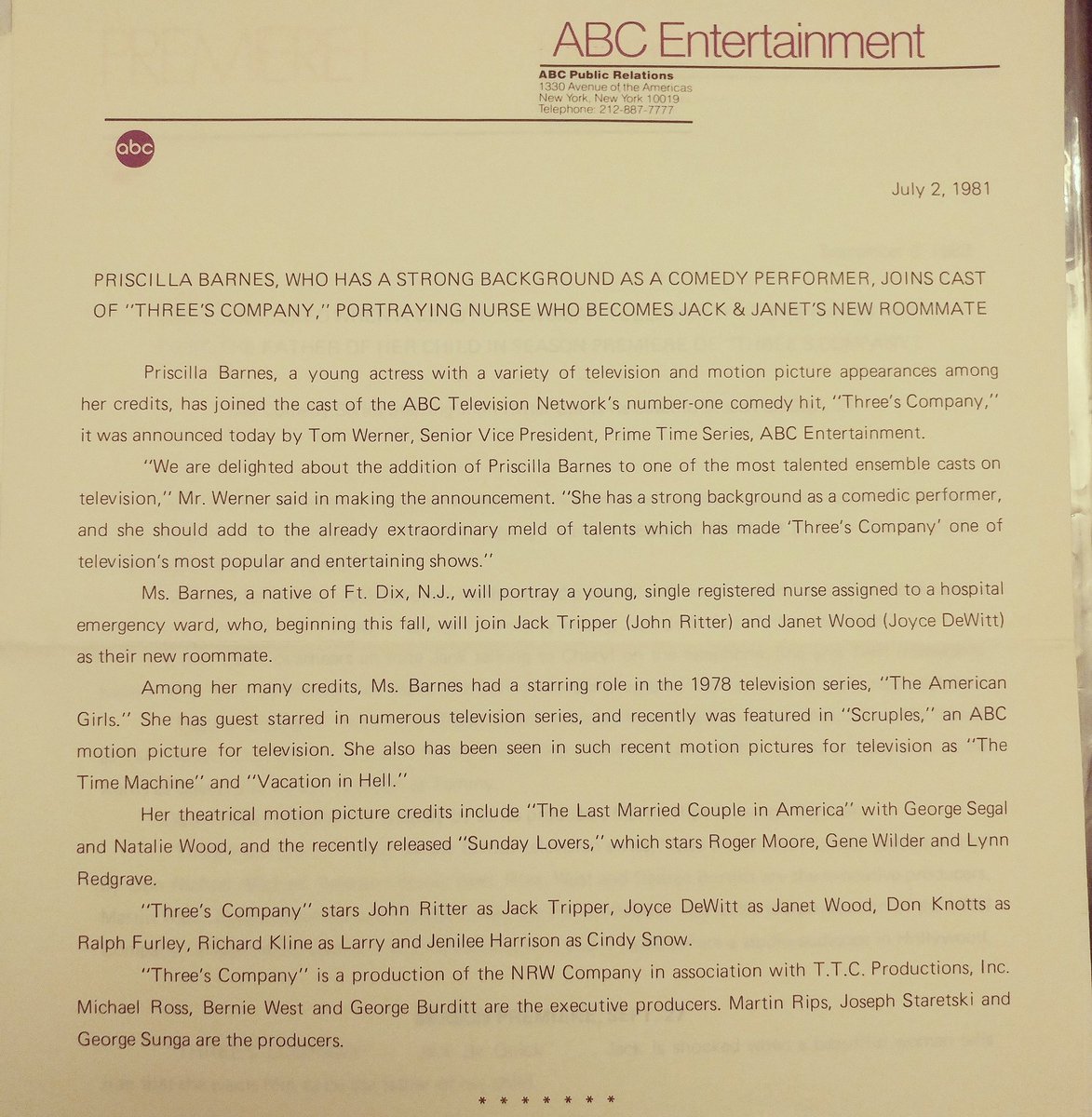 July 2, 1981 Official ABC Press Release introducing Priscilla Barnes as the new roomate in Apt 201.  @PriscillaOnTV
#threescompany #threescompanycollection #3scompany #priscillabarnes #terrialden #abc @abc #1981 #pressrelease