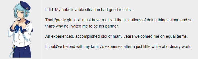 but it would also come with a lot of financial benefits, something hajime's family desperately needs, as well as greatly improve hajime's prospects as an idol