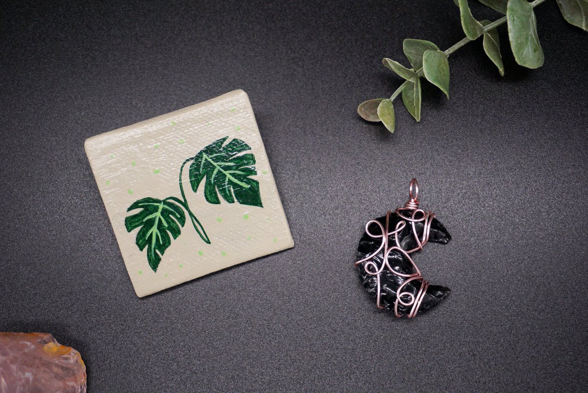 second prize winner will receive a morganite ring (disclaimer: this is for only one ring - multiple colors displayed due to nature of stone) & magnet from  @aiyahxo  & monstera leaf magnet & wire wrapped obsidian moon pendant from me 