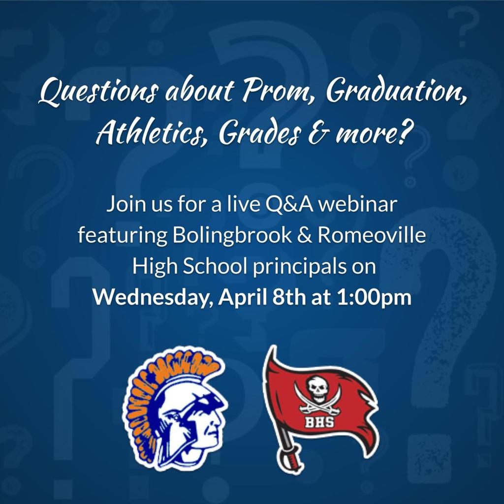 HonortheRaiders's tweet photo. Bolingbrook Principal Dr. Jason Pascavage and Romeoville Principal Mr. Derek Kinder will host a Webinar on Wed. April 8 at 1 pm to address current  issues such as credits and grading; and events such as prom, graduation, athletics, and senior trips. https://t.co/UvRluKP4Gn https://t.co/6offrroyOl