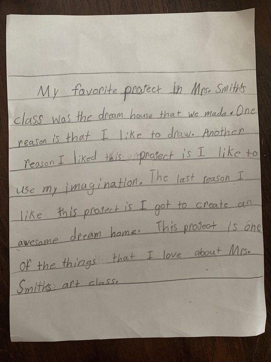 A second grader was challenged today to journal about her favorite art class.  ❤️