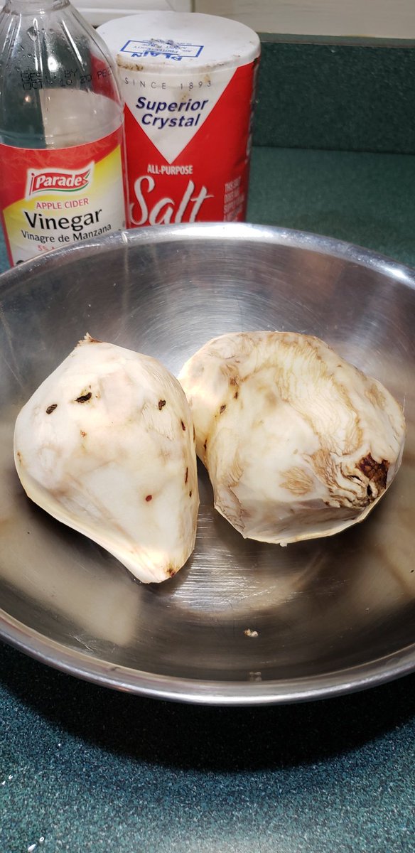 Soon as you& #39;re done with the meat, same thing with the batata. Peel em, cut 1/4 inch thick, and let em soak in water (fully submerged), 2 tbsp vinegar, and a TINY bit of salt. Again, overnight would be best so it draws out all the starch out of the batata for a crispier finish