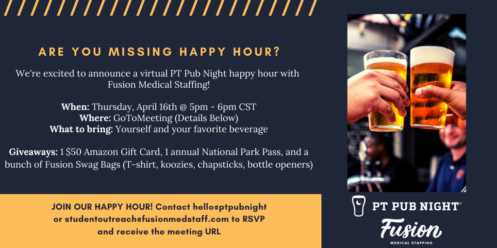 Don't miss our virtual #PTPubNight with @FusionMedStaff1  on Thursday, April 16th! 🍻