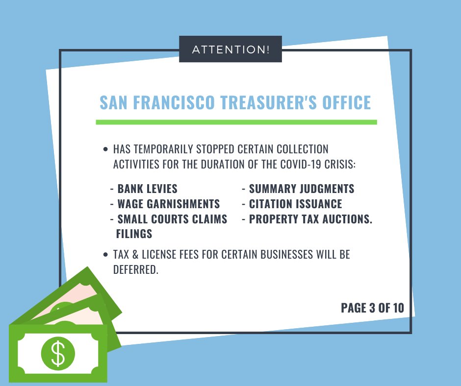 (3/10)  @TreasurerSF temporarily stopped certain collection activities for the duration of the COVID-19 crisis: bank levy and wage garnishments, small courts claims filings, summary judgments, citation issuance, & property tax auctions. More here:   http://sftreasurer.org 