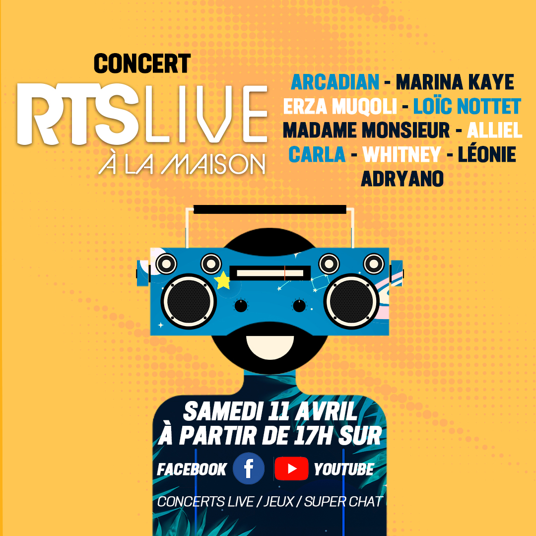 rtslaradiodusud's tweet photo. 1er concert RTS LIVE à la Maison, ce samedi 11 Avril à partir de 17h. En direct sur Facebook et Youtube.

https://t.co/Rsp5wv2UlN

#ErzaMuqoli #Arcadian #Carla #LoïcNottet #MarinaKaye #Whitney #MadameMonsieur #Alliel #Léonie #Adryano #rtslive #concertlive #confinement https://t.co/h2j8q0V5En