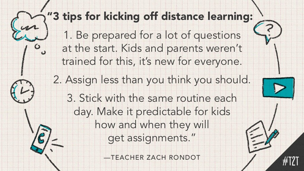 teacher2teacher's tweet photo. T @MrRondot's advice for Ts just starting out with #DistanceLearning? 

Keep it simple, keep a routine and expect the questions to keep coming! #COVIDteaching #TeacherPD https://t.co/xYa8Xj52Fx