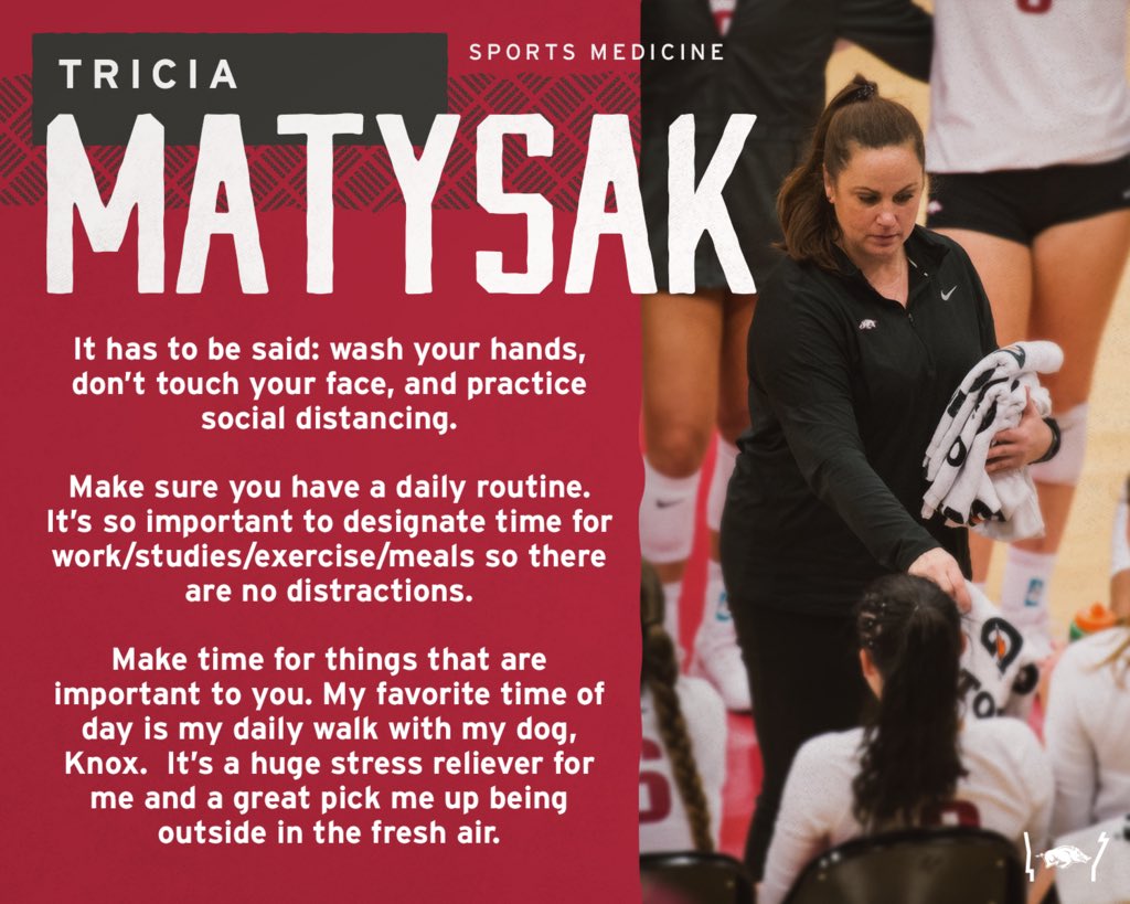 RazorbackVB's tweet photo. Honoring those that keep us healthy on #WorldHealthDay2020 

Here are some tips to stay healthy during this time from some of our favorites! ❤️ https://t.co/81vjrjK9rw
