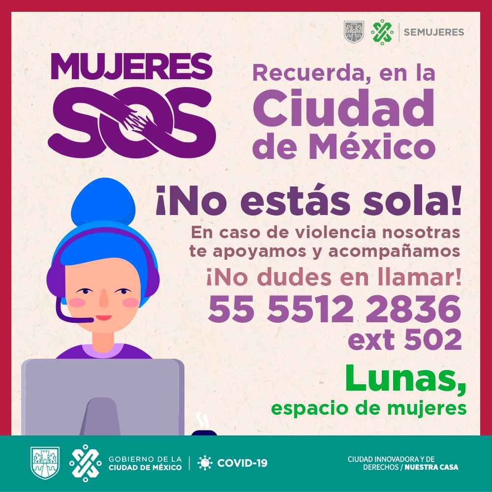 SeMujeresCDMX's tweet photo. Las #Lunas de la #SEMUJERES continúan brindando atención ante la pandemia de #COVIDー19mx , si vives una situación de violencia consulta el directorio de las que siguen en operación y acude a la más cercana
🌐https://t.co/zbPKDAKKuV 
#SOSMujeres https://t.co/MObAdXRNzN