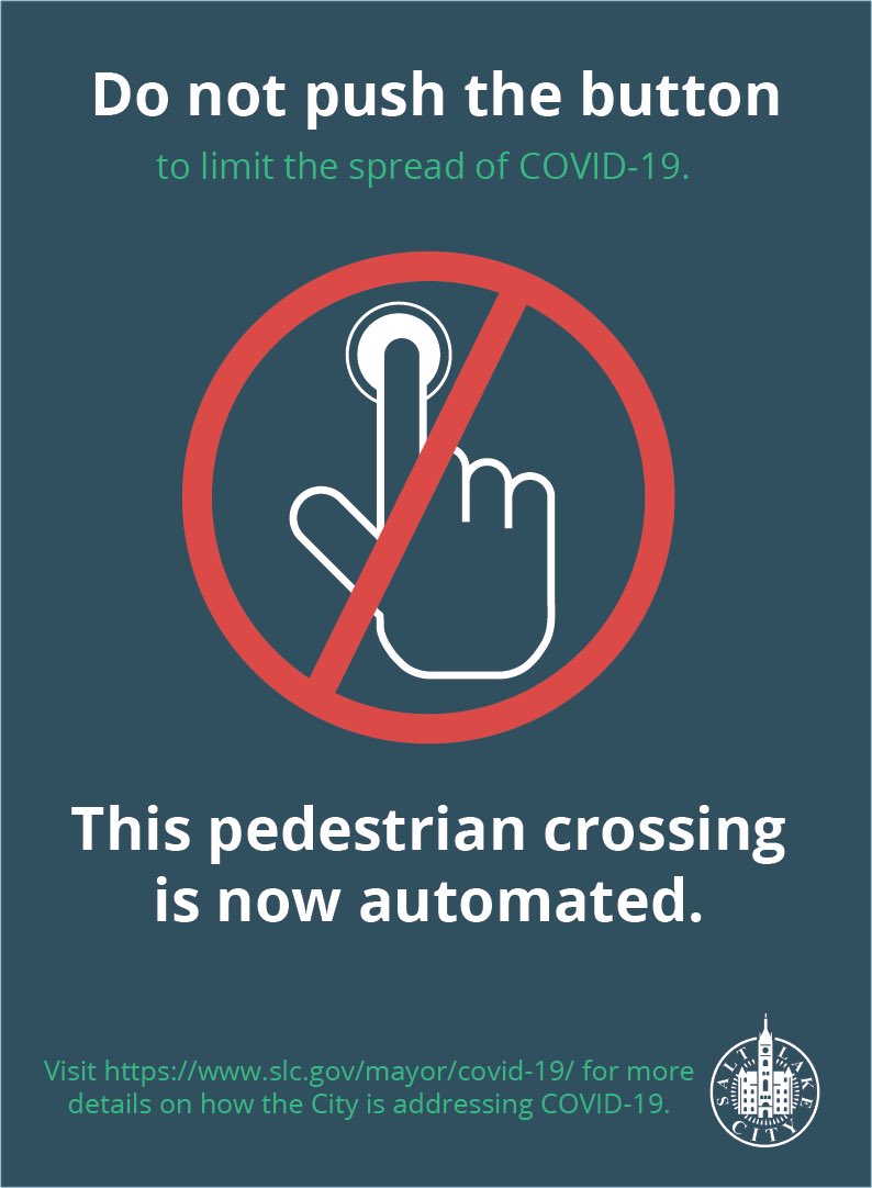 slcmayor's tweet photo. Starting today 70 of our City's most heavily trafficked crosswalks will come on automatically—meaning you don't need to press the buttons. These signs will go up this week throughout the downtown and East Central neighborhoods to help you know you're at an automatic crosswalk https://t.co/VkFdWqOoCp
