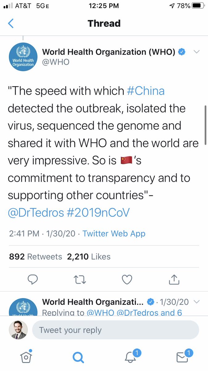  @WHO claims that China has been transparent about the disease, which is laughable, and that they shared the genomic information quickly for the virus. Both of those are false. As  @WSJ reports here:  https://www.google.com/amp/s/www.wsj.com/amp/articles/how-it-all-started-chinas-early-coronavirus-missteps-11583508932