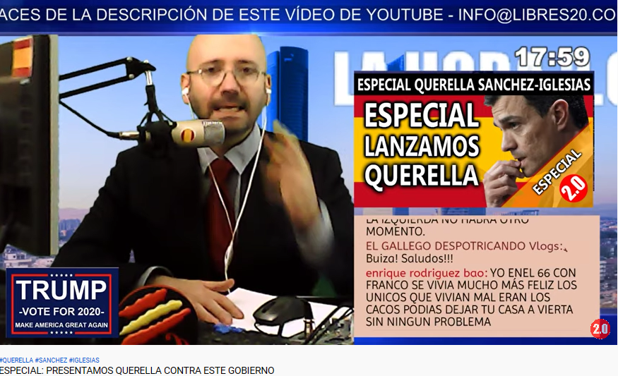 Parece que la petición desde el artículo con el bulo de whatsapp era para convencer a gente que denuncie al Gobierno. Miro sus redes y veo que me tienen bloqueado, miro por otro lado. Tienen en youtube un "Especial querella" con loas a Trump a la izquierda y a Franco a la derecha