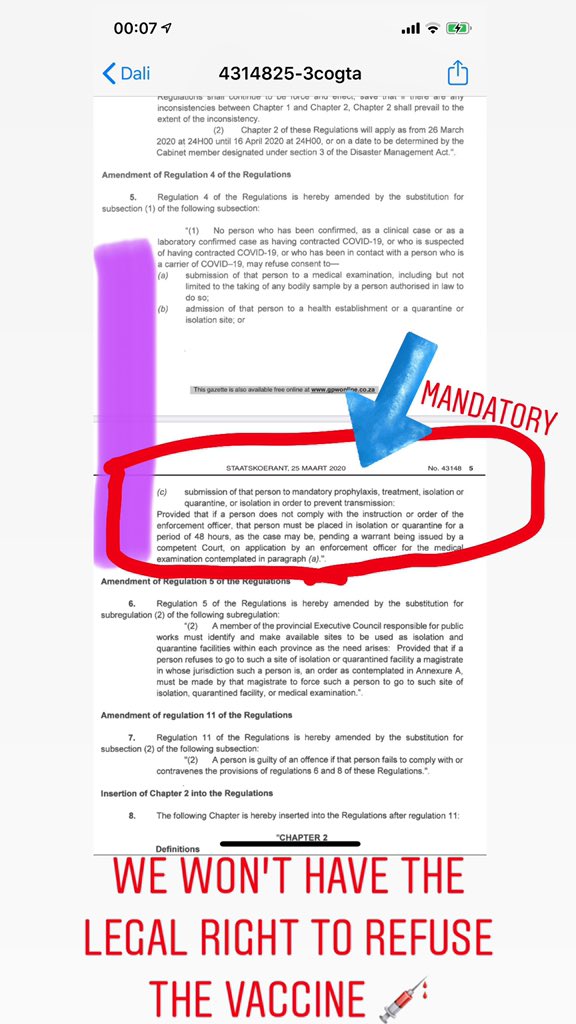 UyandaM's tweet photo. I CAN’T SLEEP!!! AFTER READING  THE NATIONAL GAZETTE ON COVID-19!!!!😫😭😢🤯... The Mandatory *PROPHYLAXIS* includes the vaccine 💉!!! We have no legal right to refuse this????😭😭😭 @AdvDali_Mpofu #CoronavirusInSA #Covid_19 #Covid19SA https://t.co/Dp7Hd0Xuu4 https://t.co/Cxwtwi0UEF