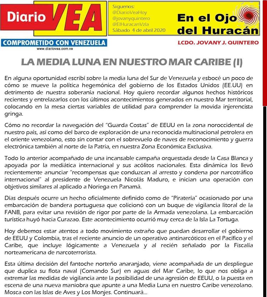 jovanyquintero's tweet photo. Comparto mi artículo de esta semana #EnElOjoDelHuracan publicado por el #DiarioVea... 1ra Parte, titulada MEDIA LUNA EN NUESTRO MAR CARIBE...
#quedateencasa
#SiempreAlerta
#VenezuelaSeRespeta
#TrumpHandsOffVenezuela #BastaDeSanciones
#covid_19 #Cuarentena
@NicolasMaduro https://t.co/6g7B7Gf1E9