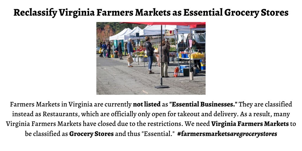 VABFarming's tweet photo. Read and sign our letter, please! Feel free to add your own thoughts. Each letter is delivered to VDACS and the Va Governor's office. 
#farmersmarketsaregrocerystores https://t.co/5FZg1Bf92g