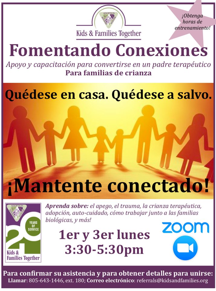 KandFT's tweet photo. Kids &amp; Families Together is excited to announce that our Nurturing Connections group is going digital.

If you are a resource family and would like to stay connected please RSVP to (805) 643-1446 Ext. 180 or email referrals@kidsandfamilies.org!

*Please share!*

#ResourceFamily https://t.co/9MqBZIQTcG