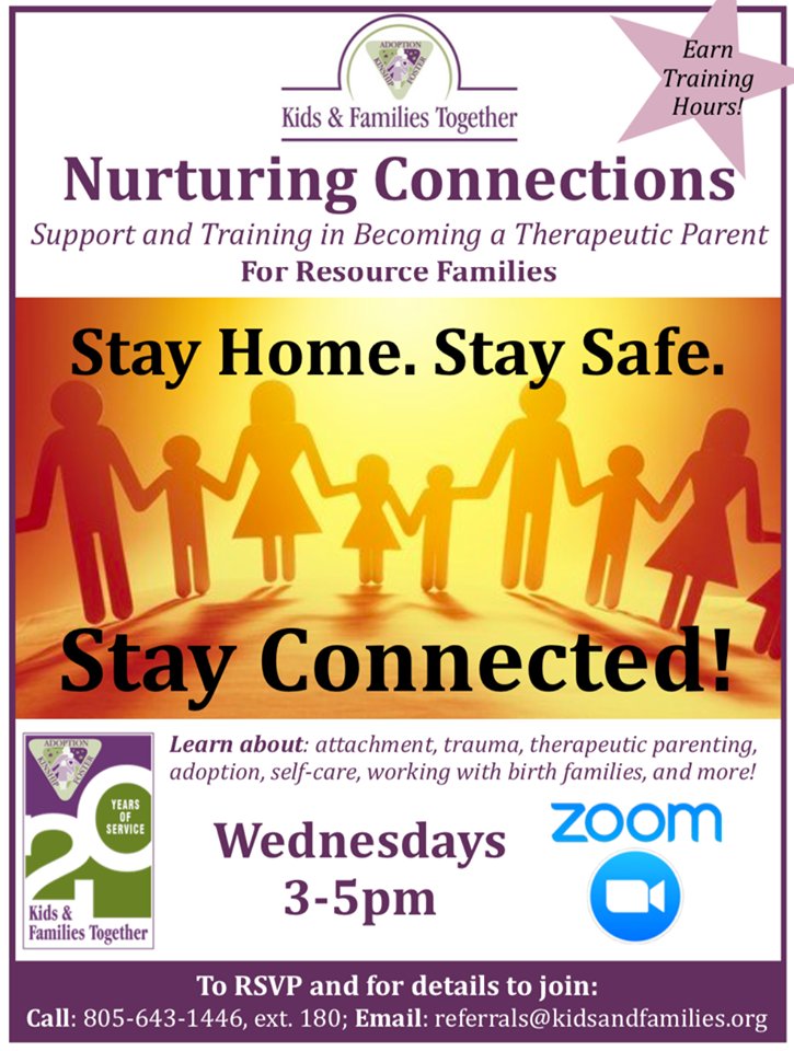 KandFT's tweet photo. Kids &amp; Families Together is excited to announce that our Nurturing Connections group is going digital.

If you are a resource family and would like to stay connected please RSVP to (805) 643-1446 Ext. 180 or email referrals@kidsandfamilies.org!

*Please share!*

#ResourceFamily https://t.co/9MqBZIQTcG