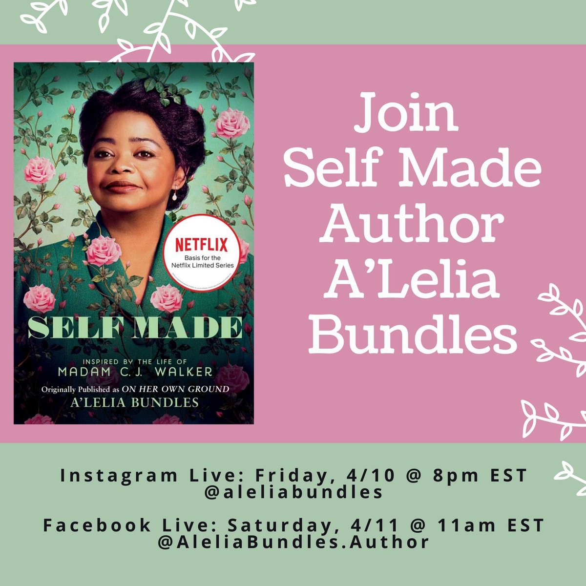 Let's pivot the conversation to the facts of  @MadamCJWalker's life & business. Hope you'll join me on 4/10  @aleliabundles on IGLive at 8 pm ET & 4/11 at  http://AleliaBundles.Author  on FacebookLive at 11 am ET when I'll answer your Qs abt my Walker biog. Links to order the book below