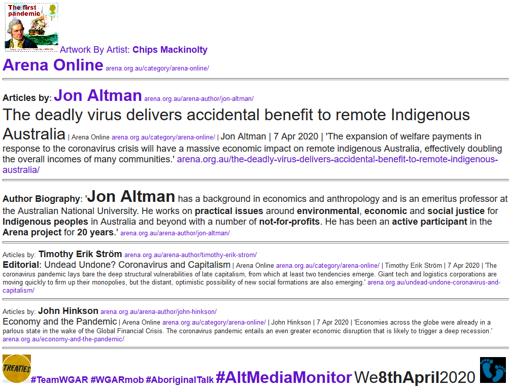 #ArenaOnline @arenatweets | #DeadlyVirus delivers #AccidentalBenefit to #RemoteIndigenousAustralia arena.org.au/the-deadly-vir… | #JonAltman, #ActiveParticipant in #ArenaProject | #Artist #ChipsMackinolty | #COVID19Aus impacts #VulnerableAboriginalCommunities groups.google.com/forum/#!topic/…