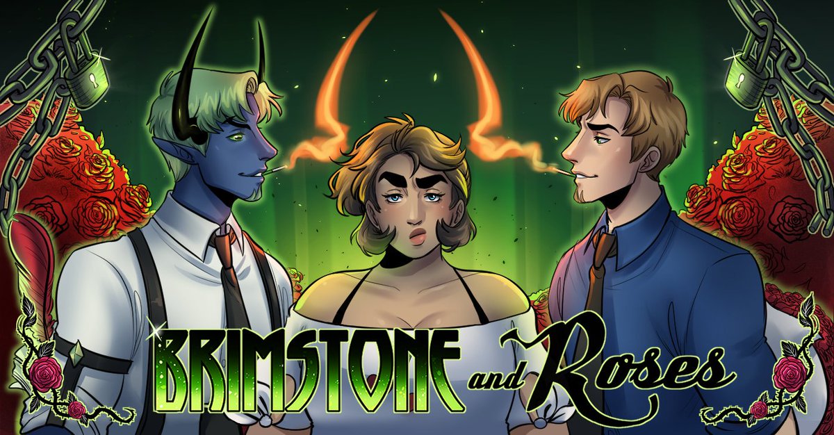 Next up,  #BrimstoneandRoses by  @speremint! I AM ALWAYS SO EXCITED WHEN THIS ONE UPDATES. Girl summons demon to be her date to a wedding and gets stuck with a freeloader! Very cute, very queer, no idea where it's going but I personally am team  #MonsterMash https://www.webtoons.com/en/romance/brimstone-and-roses/list?title_no=1758