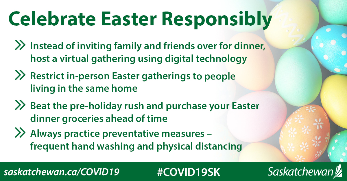 PremierScottMoe's tweet photo. As Easter approaches, I want to remind you that COVID-19 measures are still in place.
 
Each of us must make the effort to celebrate a little differently than we normally would.
 
Here are a few tips on how to celebrate Easter this year.
#COVID19SK https://t.co/Rm5XkeAdfL